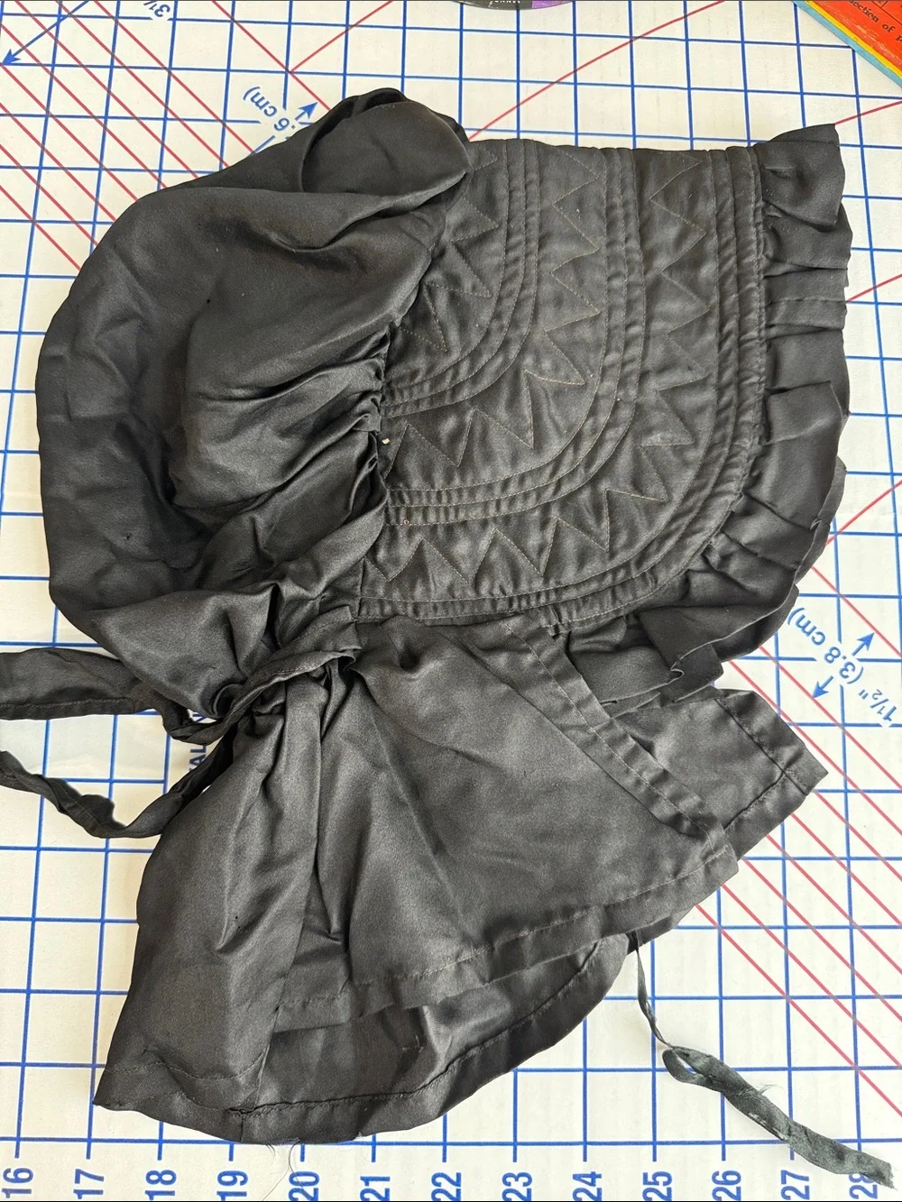 Vintage 1940s Black Satin Bonnet Quilted Ruffle Prairie Victorian Style Costume